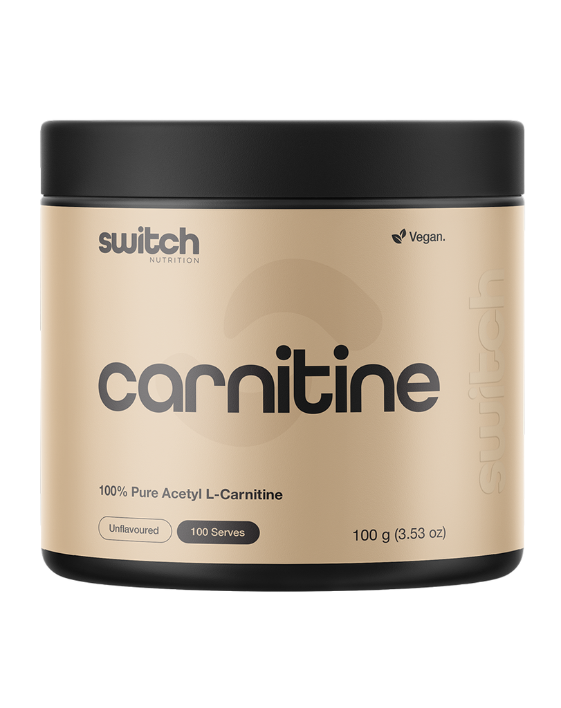 Switch Nutrition acetyl L-carnitine powder 100g unflavoured, 100 serves, beige tub with black lid, vegan supplement