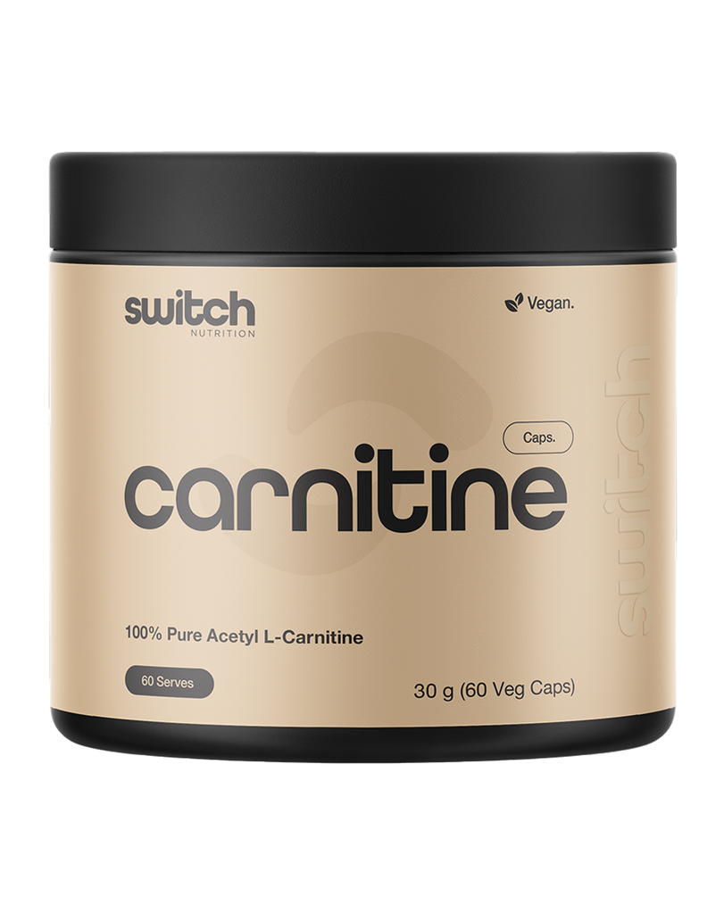 Acetyl L-carnitine supplement by Switch Nutrition, 60 veg caps 30g, beige jar with black lid, metabolism support