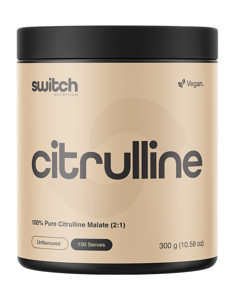 Switch Nutrition citrulline malate 2:1 powder 300g unflavoured, 100 serves, beige tub with black lid, vegan