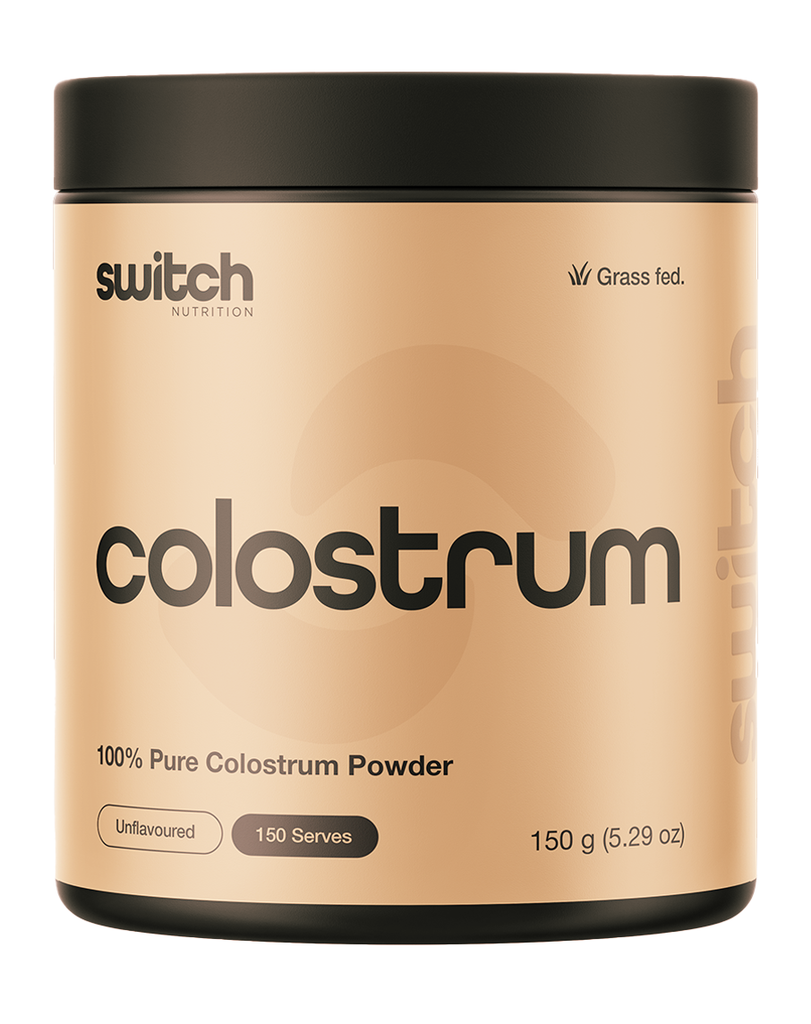Switch Nutrition colostrum powder 150g unflavoured, grass fed supplement, 150 serves, beige tub black lid
