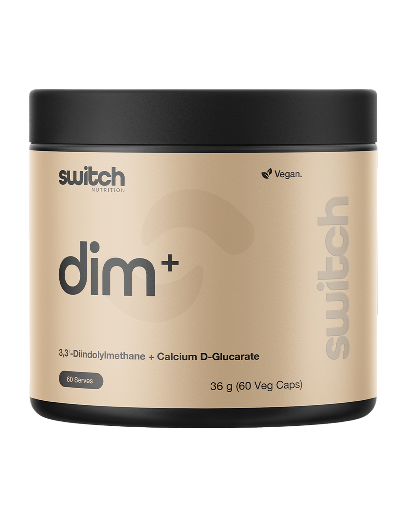 Switch Nutrition DIM+ capsules 60 veg caps, diindolylmethane with calcium D-glucarate, 36g beige tub vegan