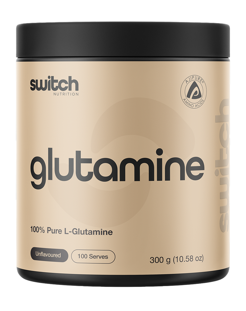 Unflavoured glutamine by Switch Nutrition 300g tub, 100 serves pure L-glutamine powder, minimalist beige jar