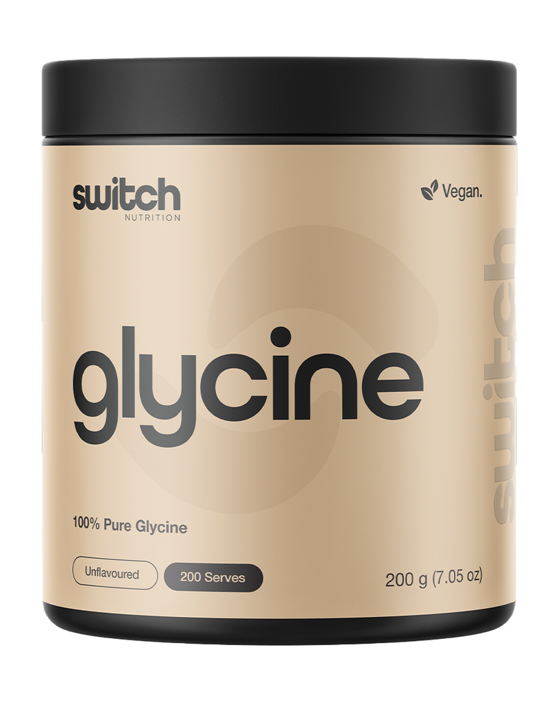 Unflavoured glycine supplement by Switch Nutrition 200g tub, 200 serves pure amino acid powder