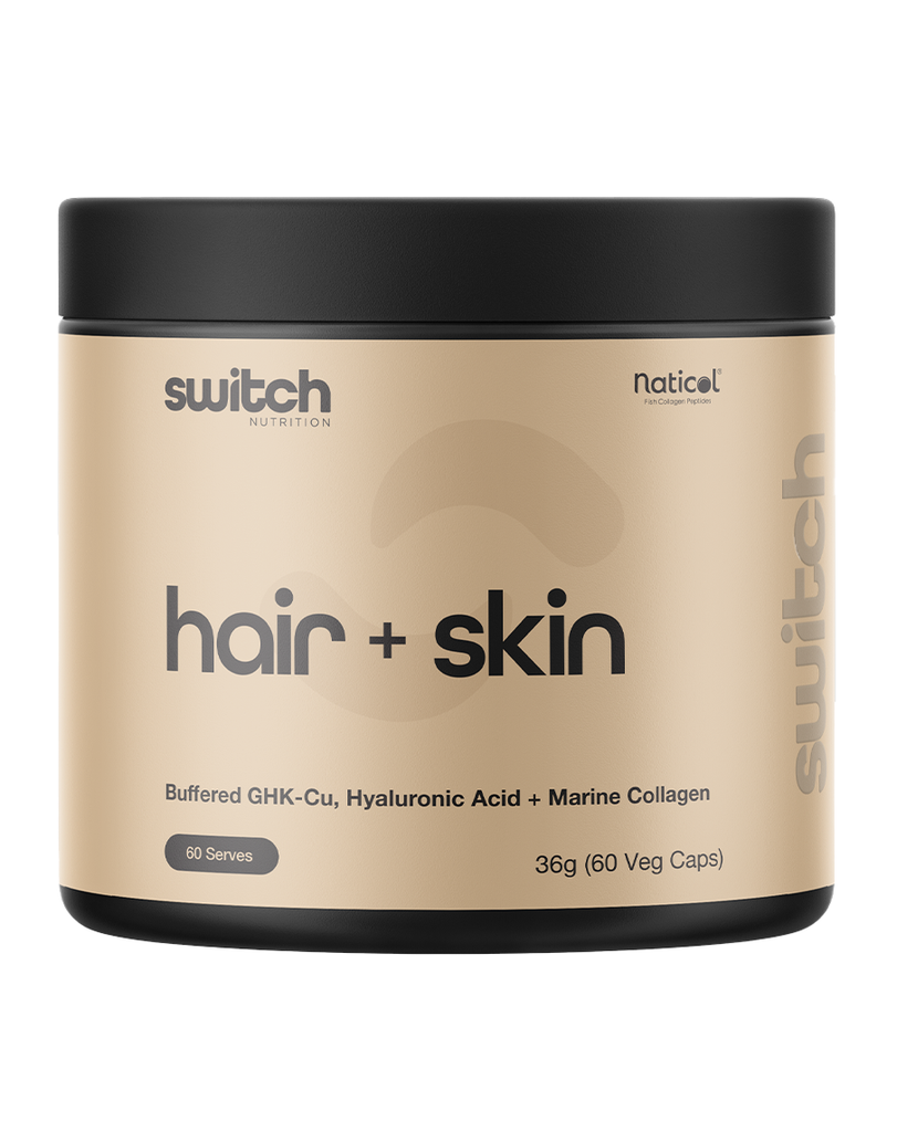 Switch Nutrition hair and skin capsules 60 veg caps, marine collagen, hyaluronic acid, GHK-Cu formula, 36g tub