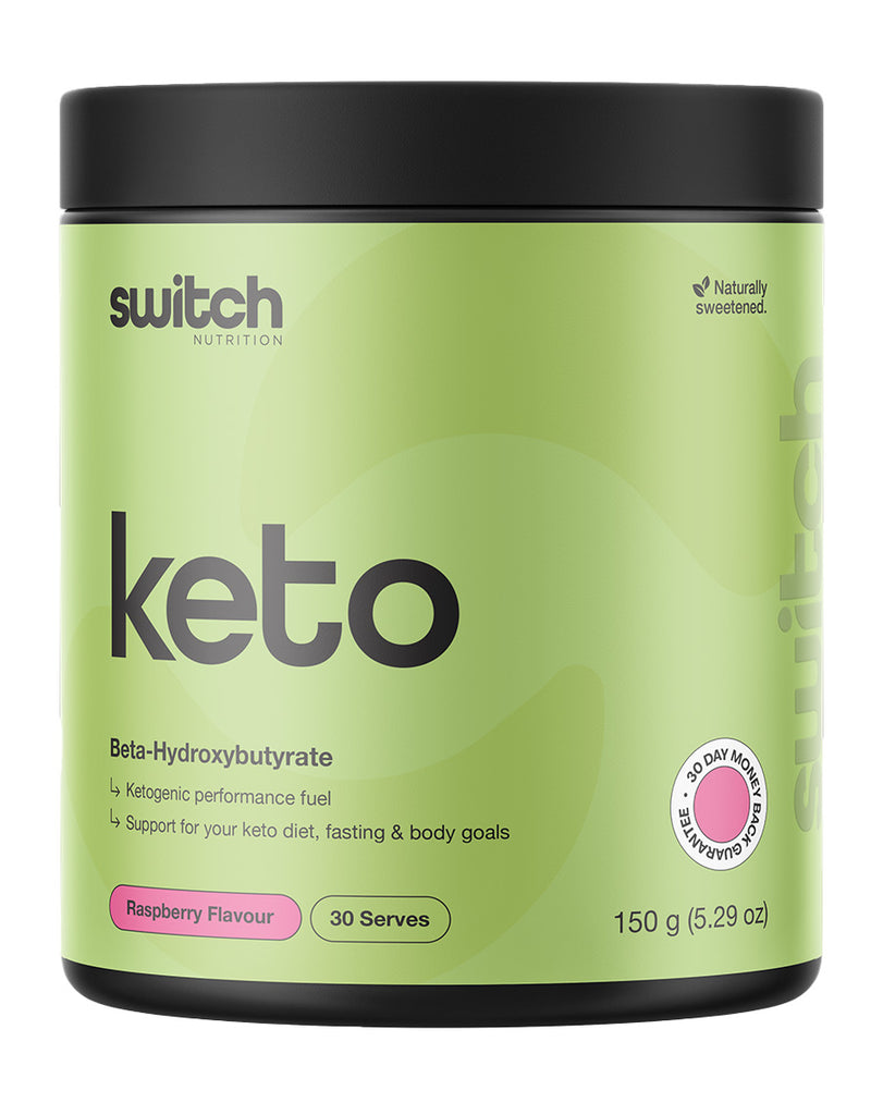 Raspberry keto supplement by Switch Nutrition, beta-hydroxybutyrate powder in 150g tub with front branding
