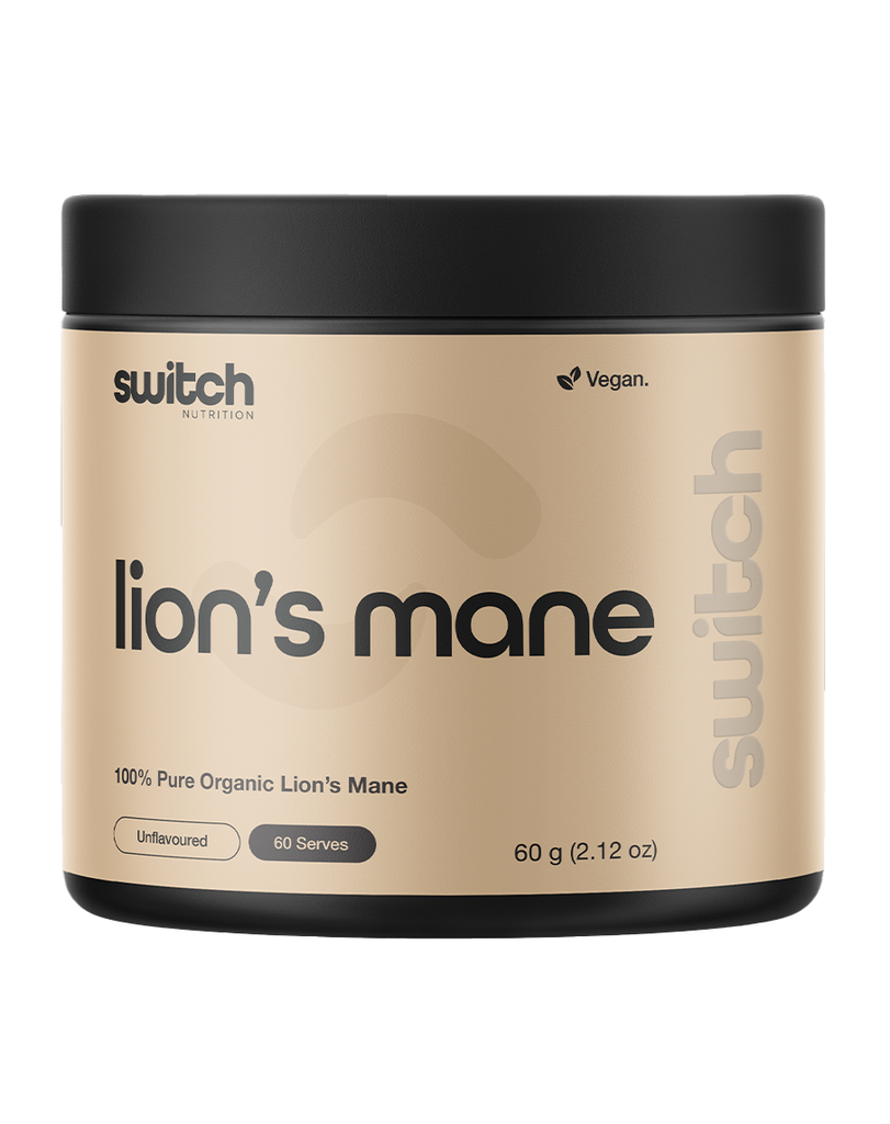 Organic lion’s mane mushroom by Switch Nutrition 60g tub, unflavoured 60 serves brain support supplement