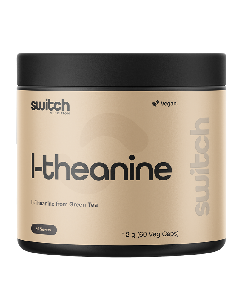 L-theanine supplement by Switch Nutrition, 12g 60 count vegan caps, beige packaging with black lid