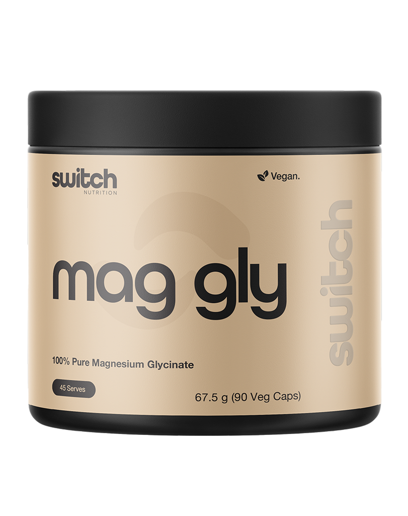 Switch mag glycinate 90 vegan capsules 67.5g, magnesium glycinate formula, 45 serves in beige container