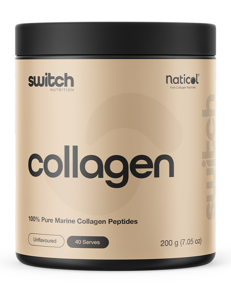 Switch collagen 200g powder unflavoured, marine collagen peptides, 40 serve supplement in beige container