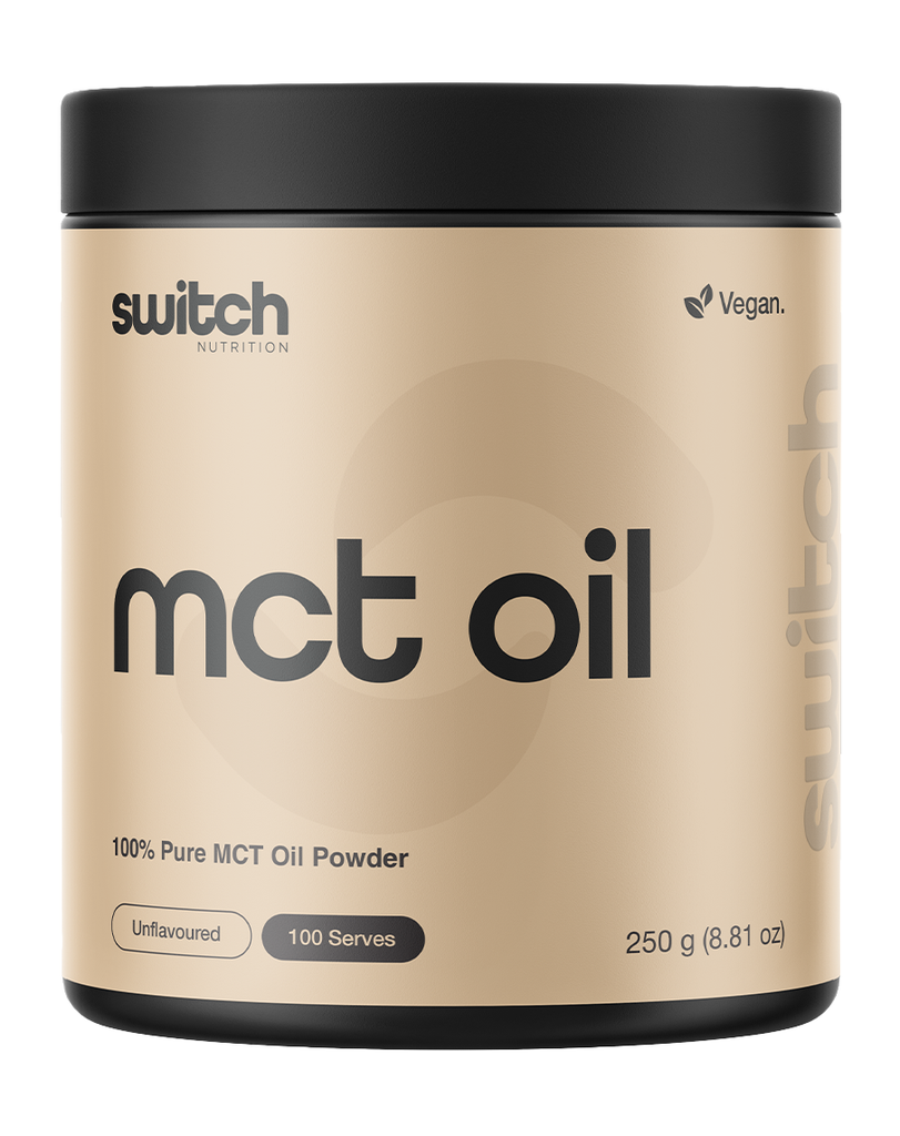 Switch MCT oil 250g powder unflavoured, 100 serve medium chain triglyceride supplement in beige container