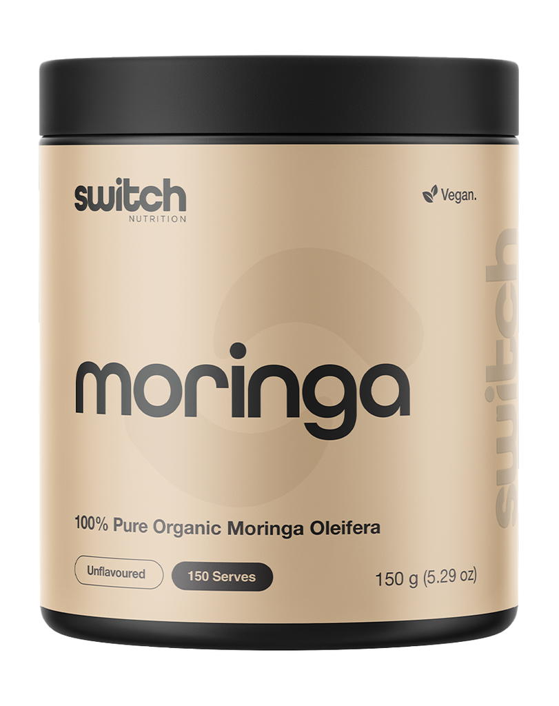 Switch moringa 150g powder unflavoured, organic moringa oleifera, 150 serve superfood in beige container