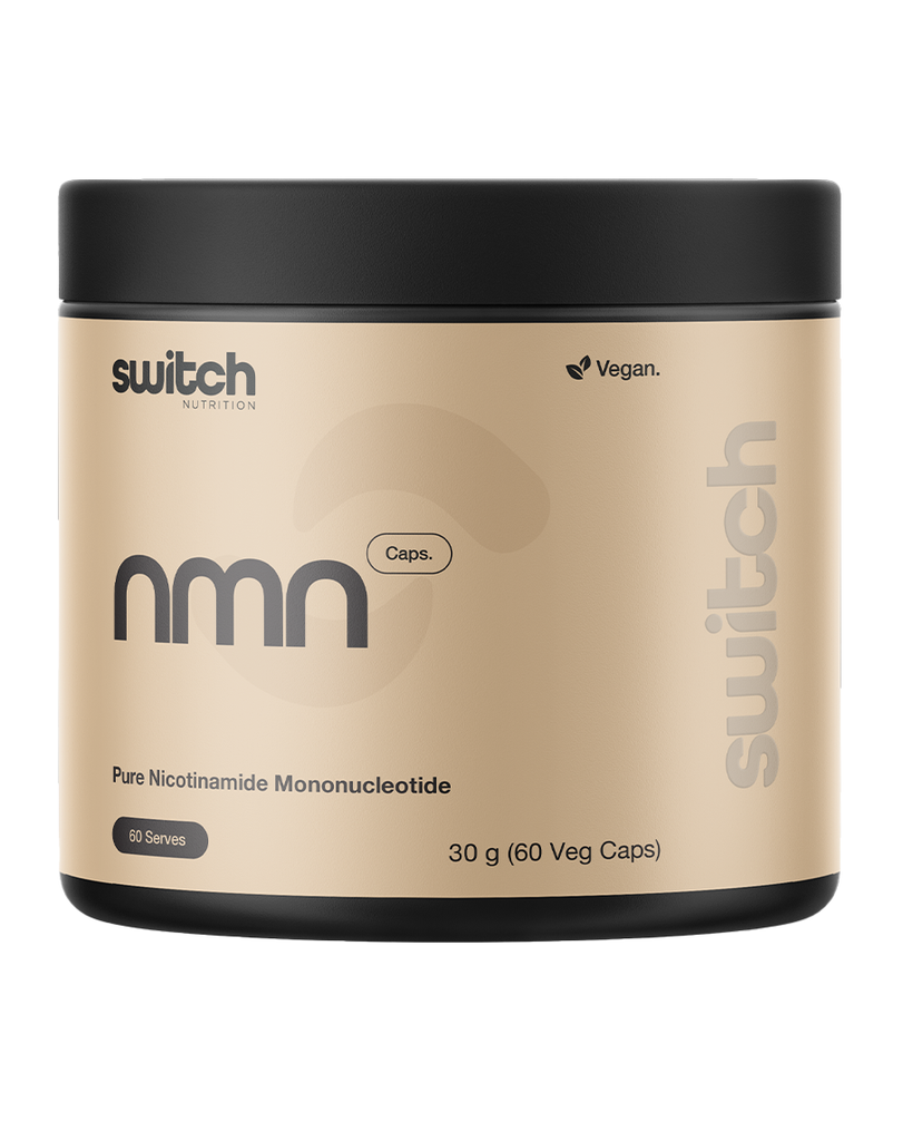 Switch Nutrition NMN capsules 30g, 60 vegan caps, beige tub with black lid, nicotinamide mononucleotide supplement
