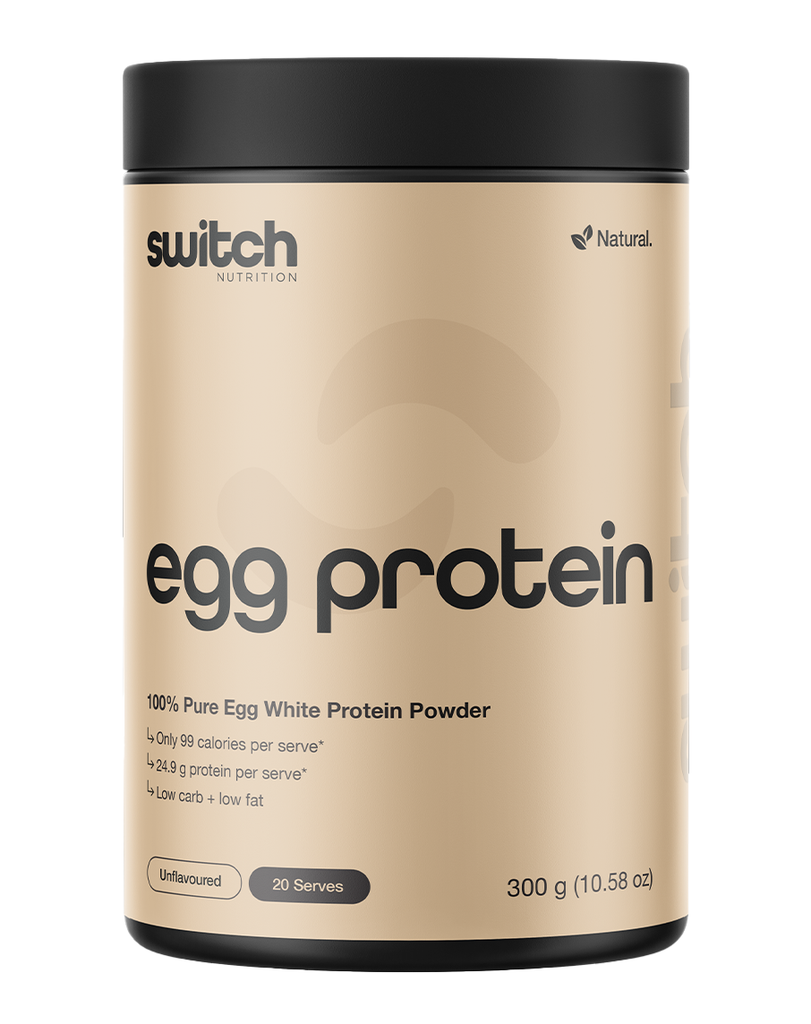 Switch Nutrition egg white protein powder 300g unflavoured, 20 serves, natural formula beige tub black lid
