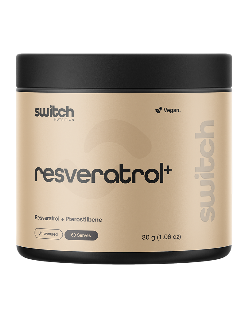 Unflavoured resveratrol + pterostilbene powder by Switch Nutrition, 30g tub with minimalist beige label