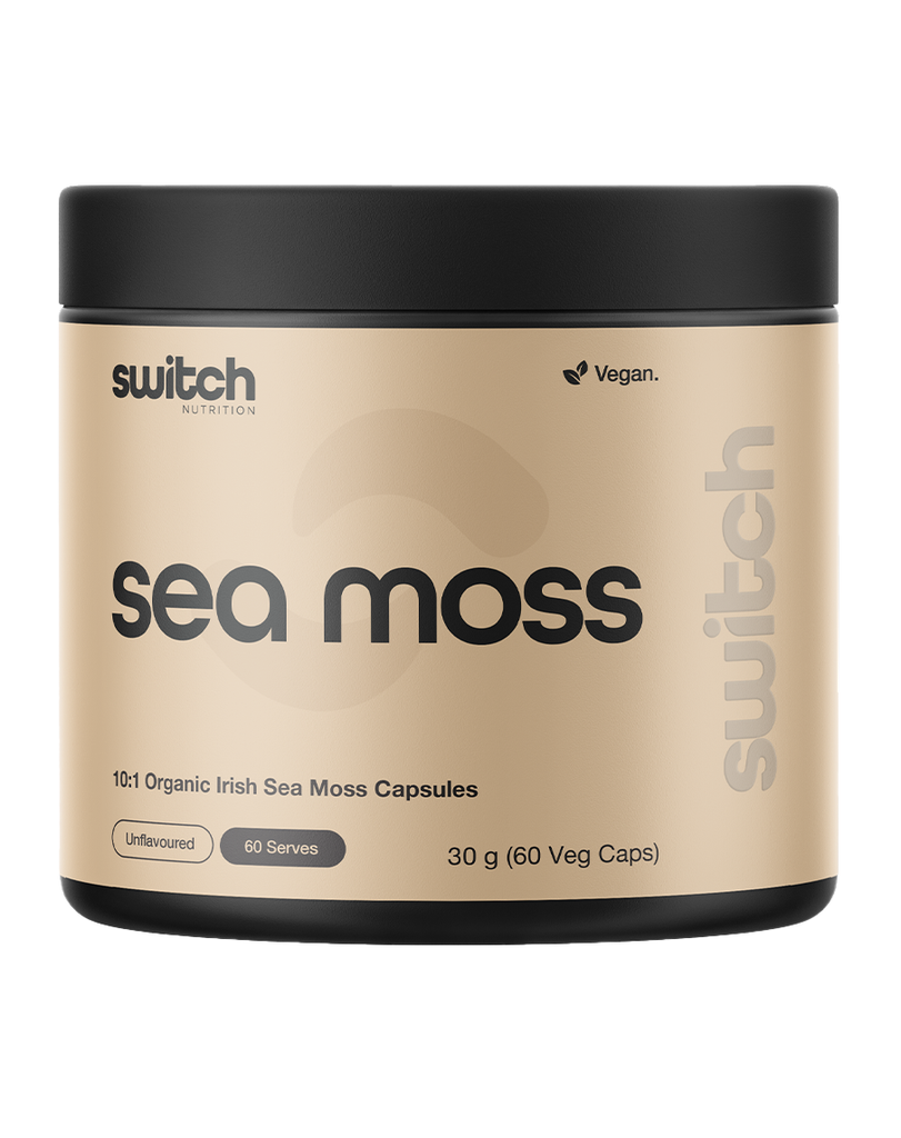 Organic sea moss capsules by Switch Nutrition, 60 count 30g jar, Irish sea moss supplement beige packaging