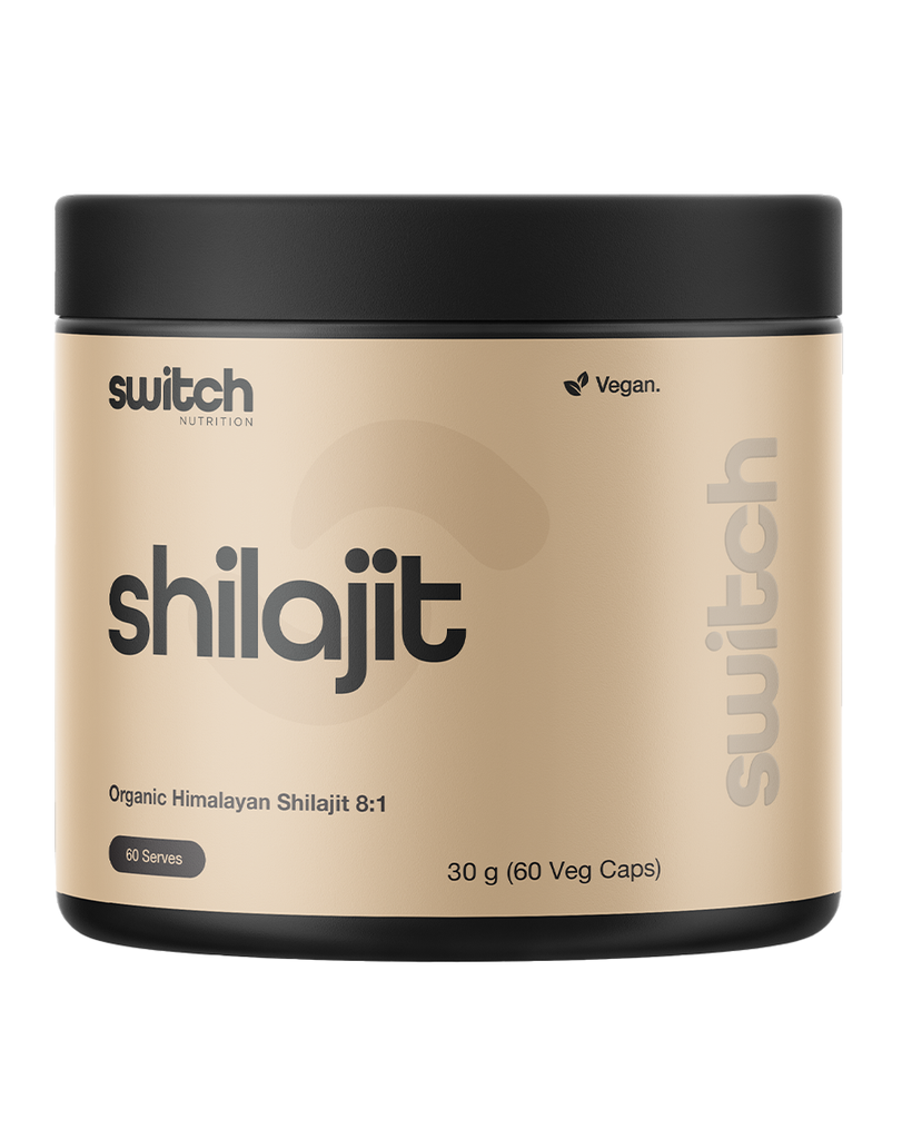 Organic shilajit capsules by Switch Nutrition, 60 count 30g jar, Himalayan 8:1 extract supplement beige packaging