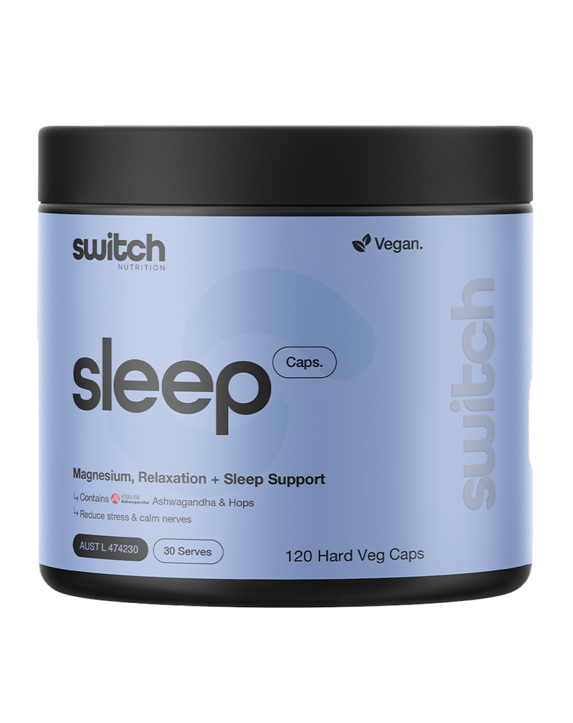 Switch Nutrition sleep capsules 120 veg caps, magnesium sleep support supplement in blue tub with black lid