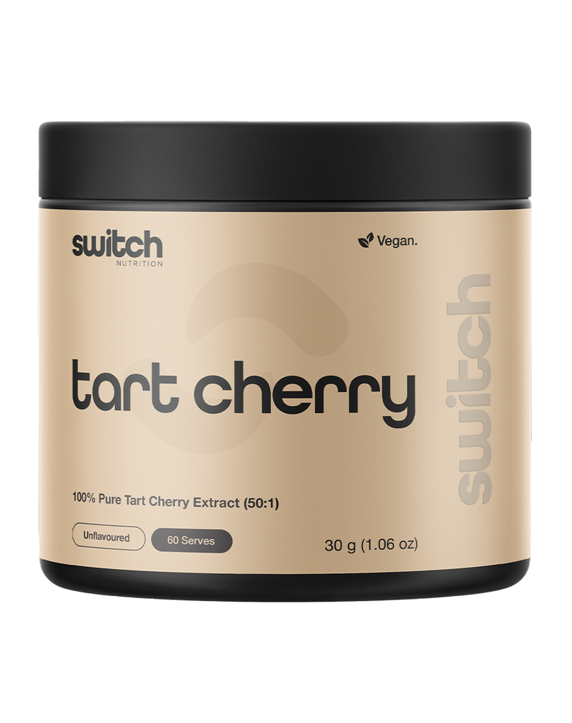 Unflavoured tart cherry extract by Switch Nutrition, 30g tub with beige label, 50:1 concentrate powder supplement