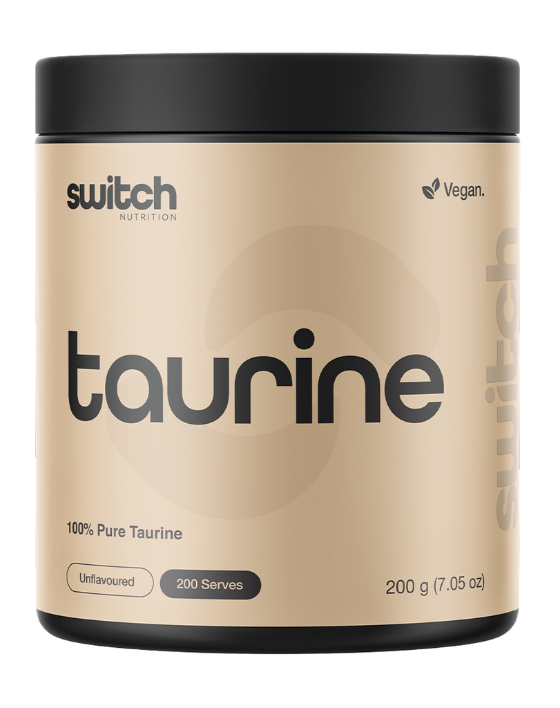 Switch Nutrition taurine powder 200g unflavoured, beige tub with black lid, pure taurine amino acid supplement