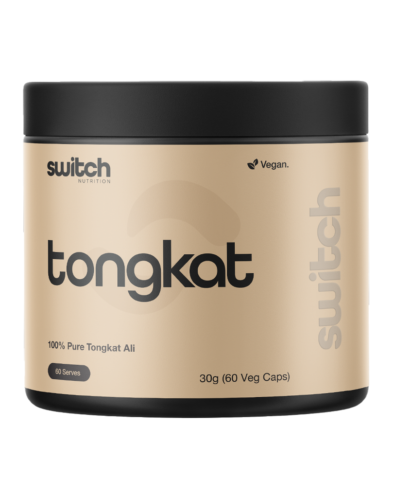 Tongkat ali extract capsules by Switch Nutrition, 30g 60 count vegan caps, beige packaging with black lid