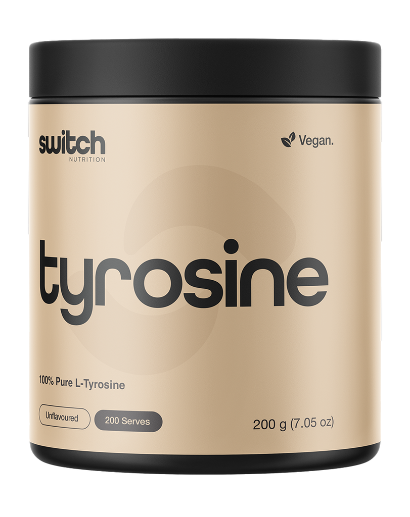 Switch Nutrition L-tyrosine powder 200g unflavoured, beige tub with black lid, amino acid supplement