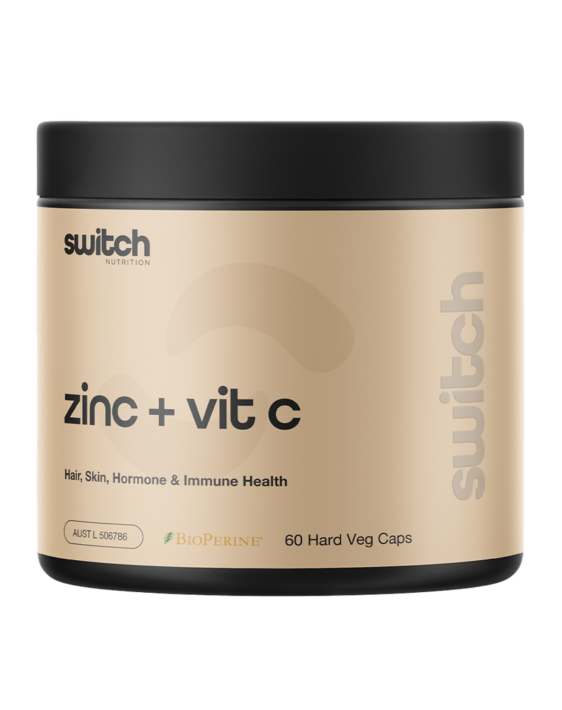 Switch Nutrition zinc + vitamin C capsules, 60 veg caps, beige tub with black lid, immune support supplement
