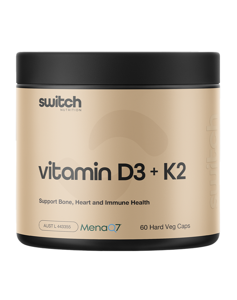 Vitamin D3 + K2 by Switch Nutrition, 60 hard veg caps in beige tub, bone heart immune support formula