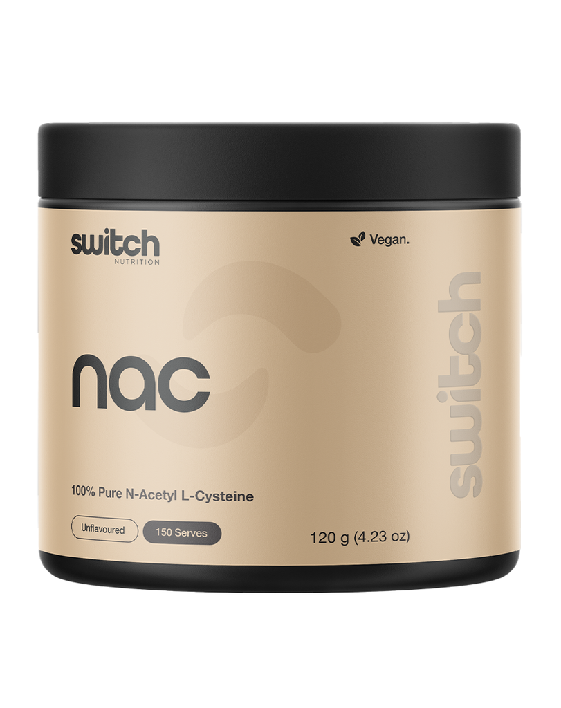 Unflavoured NAC by Switch Nutrition, 120g tub with minimalist beige label, vegan N-acetyl L-cysteine powder