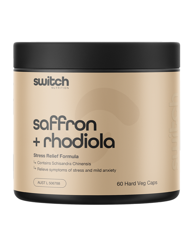 Beige container of Switch saffron and rhodiola capsules for stress support – 60 vegetarian caps