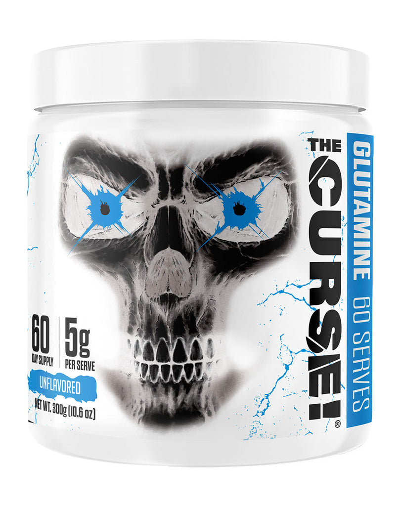 300g The Curse! glutamine powder in unflavoured variant, bold skull artwork on white container, 60-day supply
