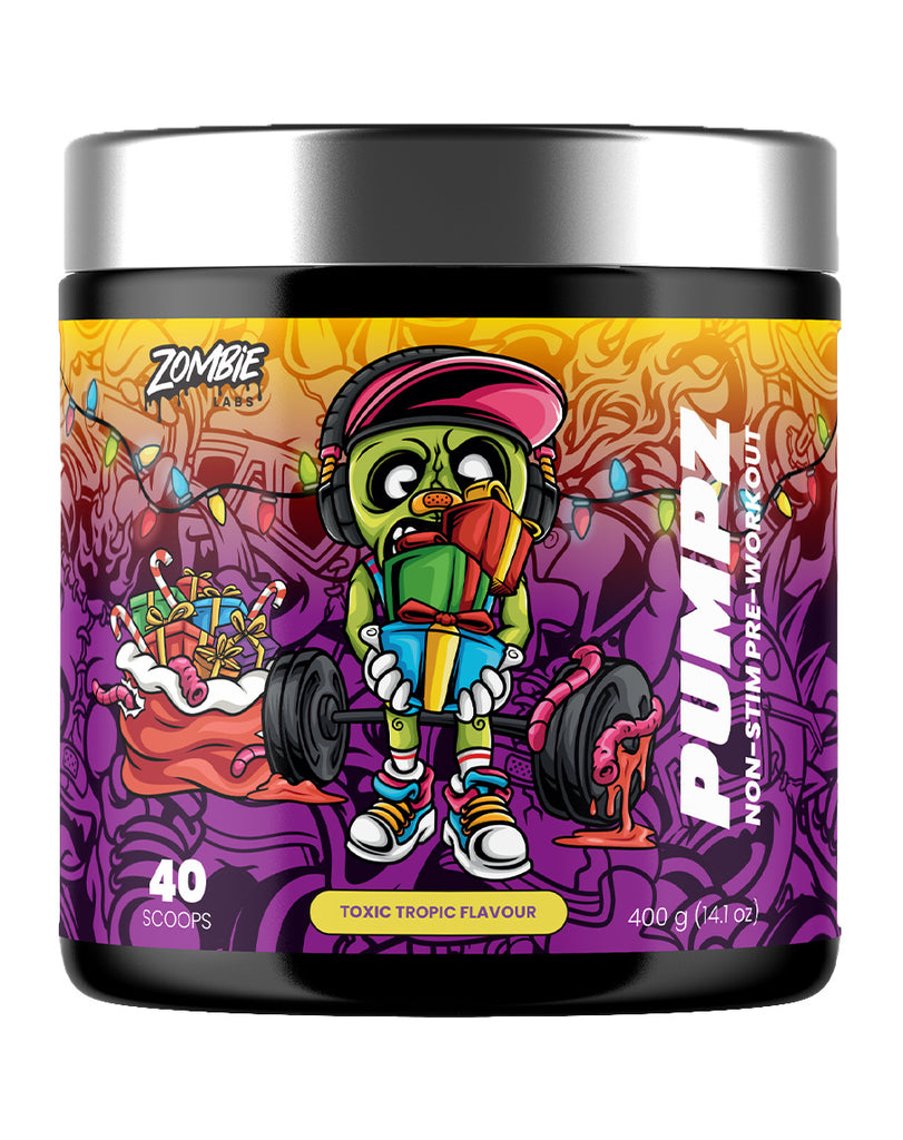 400g tub of Zombie Labs non-stim pre-workout, Toxic Tropic flavour with bold illustrated design