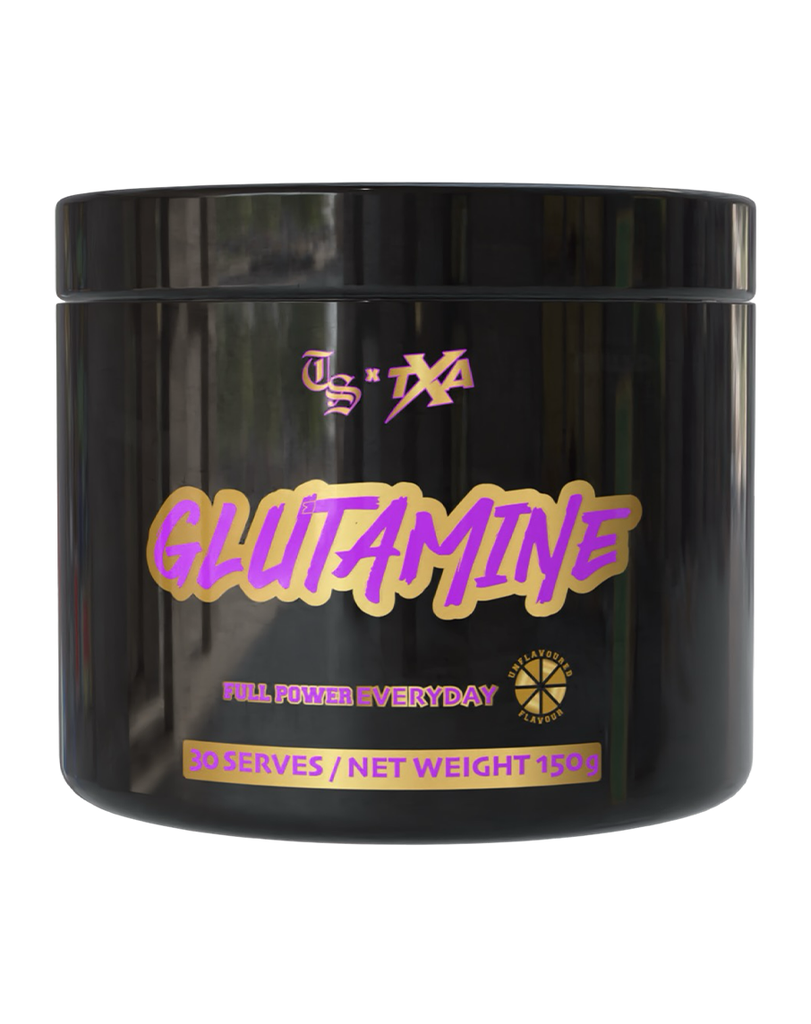 TS x TXA glutamine supplement tub – 150g black container with purple and gold label design
