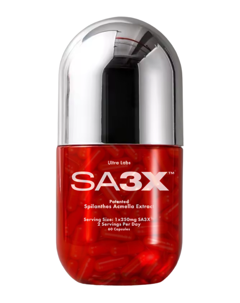 SA3X by Ultra Labs patented Spilanthes Acmella supplement, transparent red capsule bottle containing 60 capsules