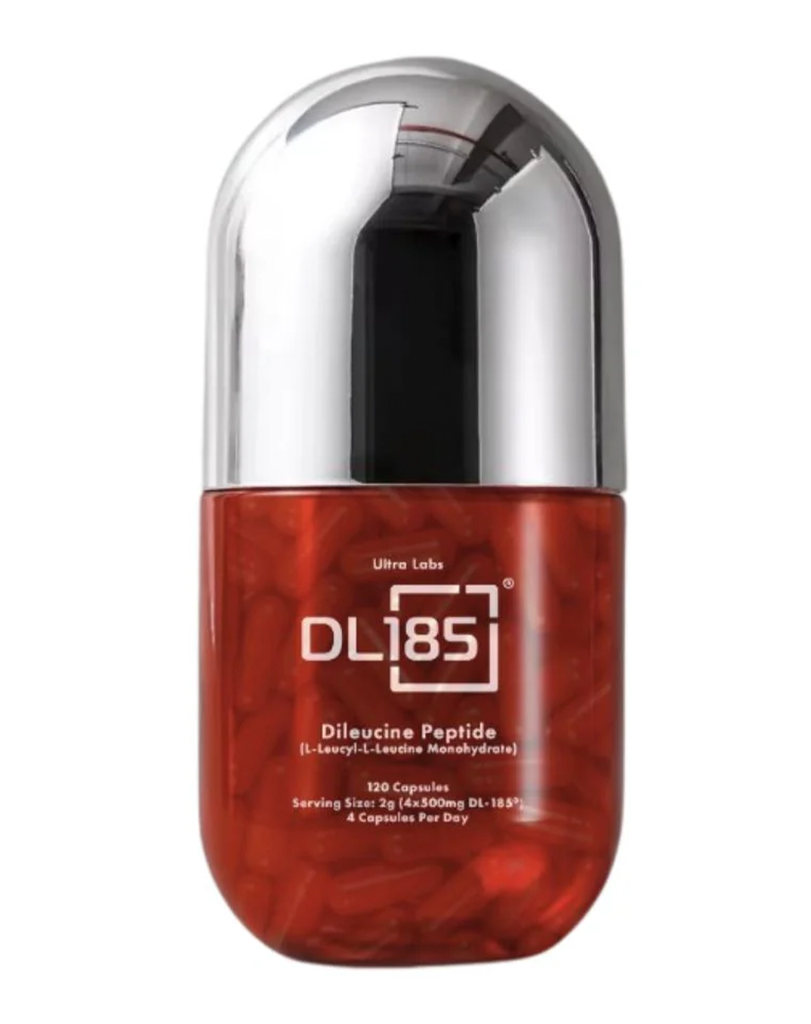 Ultra Labs DL185 dileucine peptide supplement, 120 capsules in transparent red capsule-shaped bottle