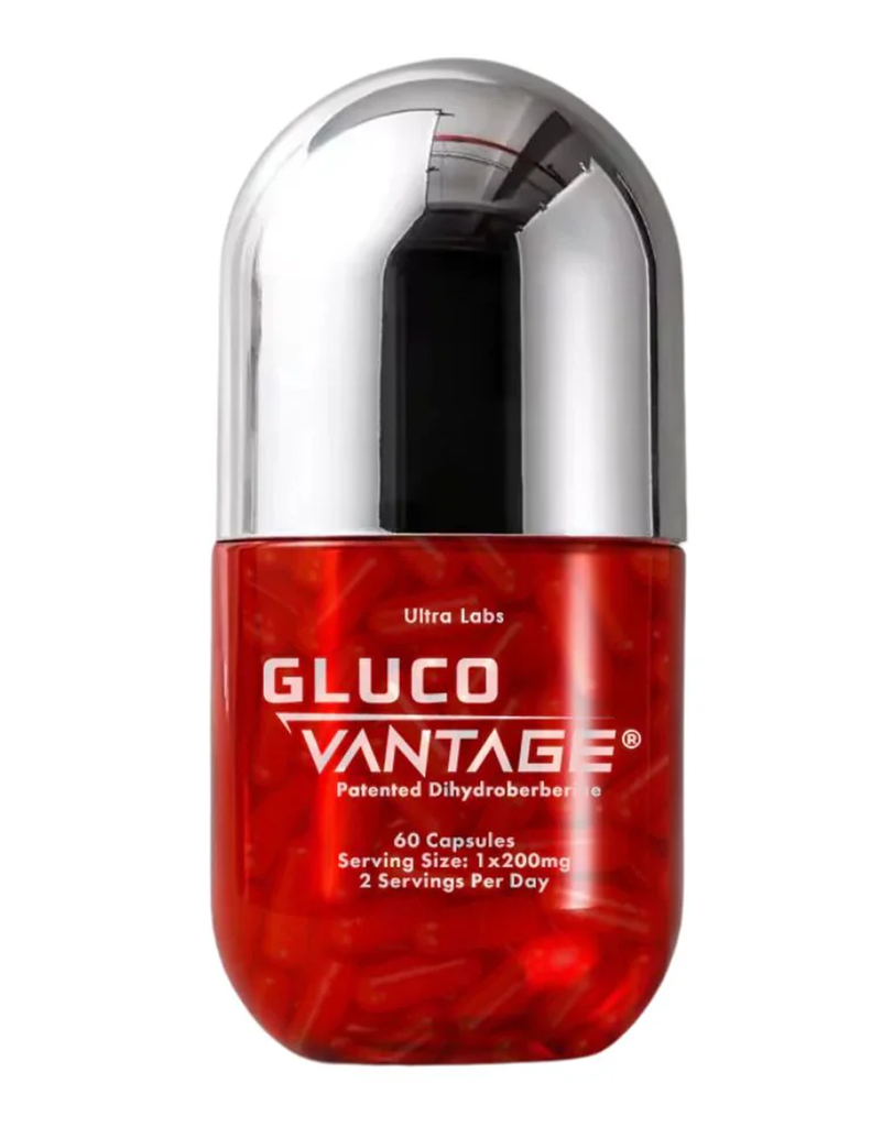 Gluco Vantage by Ultra Labs, 60-capsule dihydroberberine formula in transparent red capsule bottle packaging