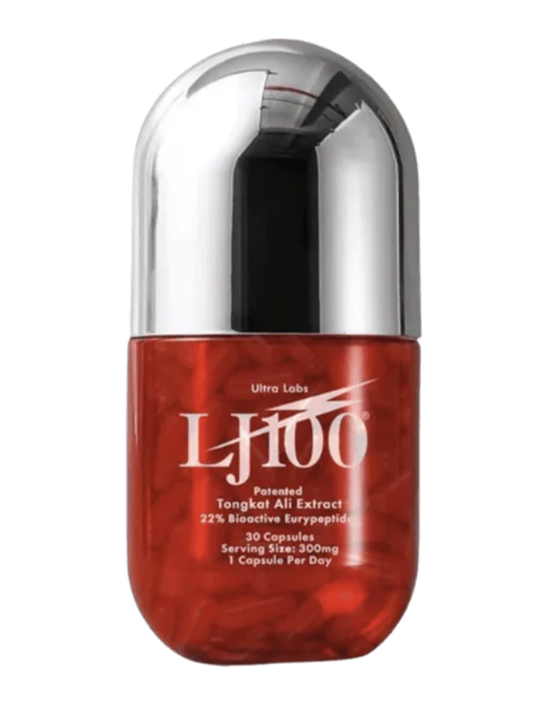 LJ100 patented Tongkat Ali extract capsules by Ultra Labs, 30-count red bottle with metallic silver lid