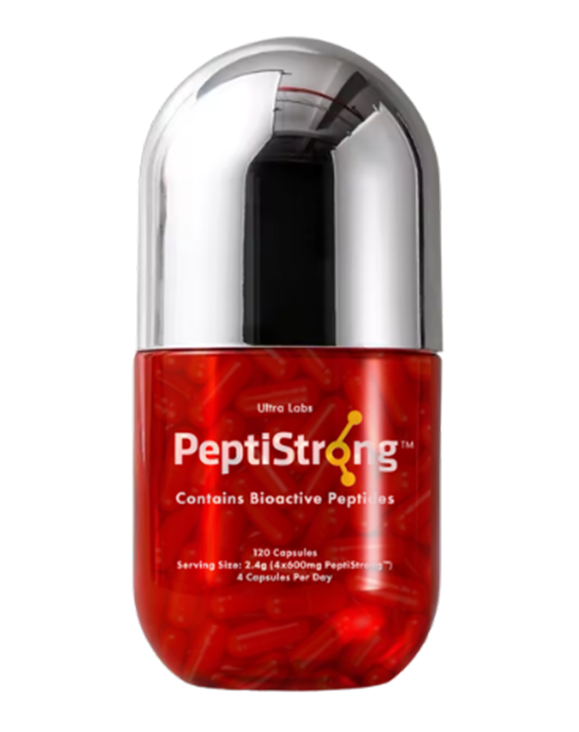 Ultra Labs PeptiStrong peptide supplement, red transparent capsule bottle showing capsules, 120 capsule formula