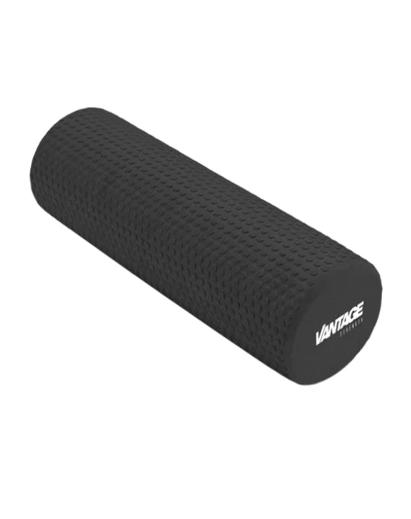 Textured black foam roller by Vantage Fitness, ideal for mobility and post-workout use