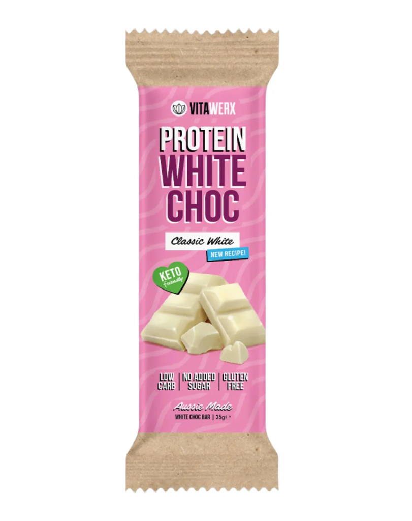 VitaWerx classic white choc protein bar 35g, low carb keto-friendly snack in pink packaging with white chocolate image