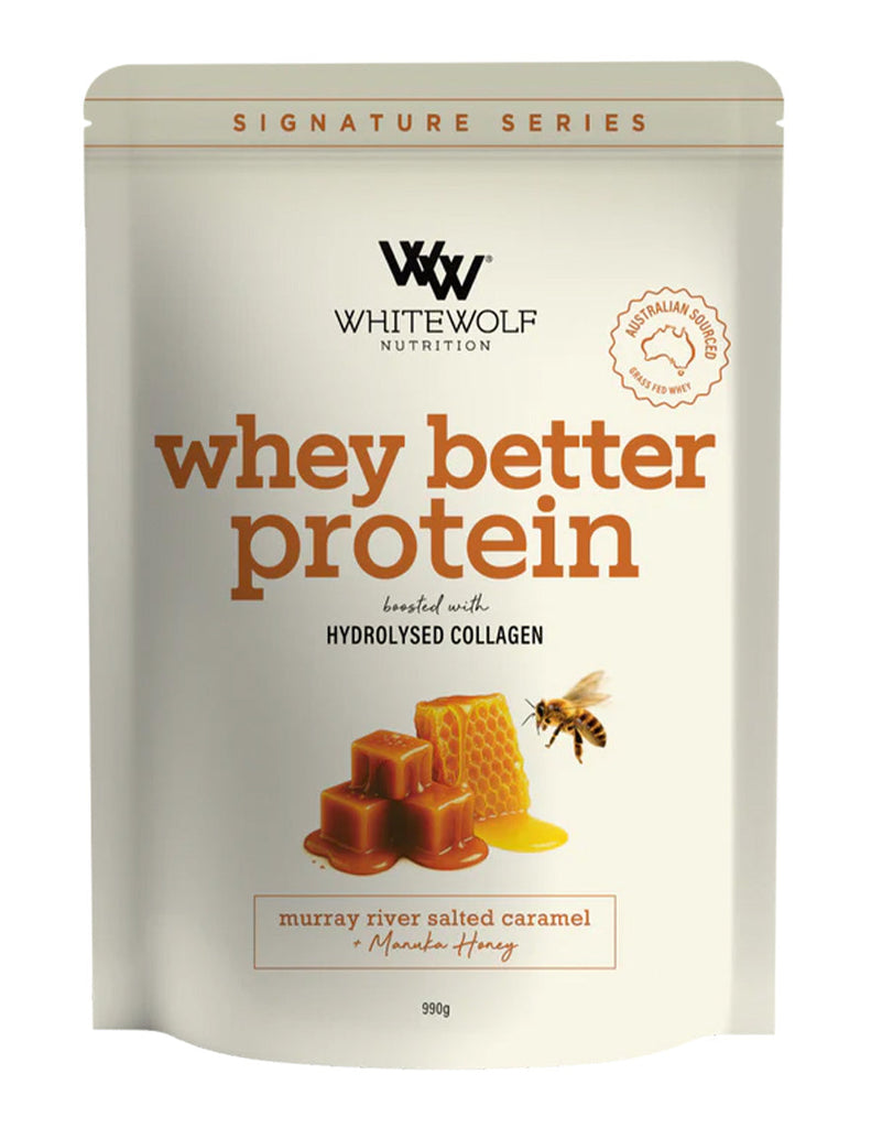 990g White Wolf whey protein powder featuring hydrolysed collagen, caramel and honey flavour in beige resealable pouch