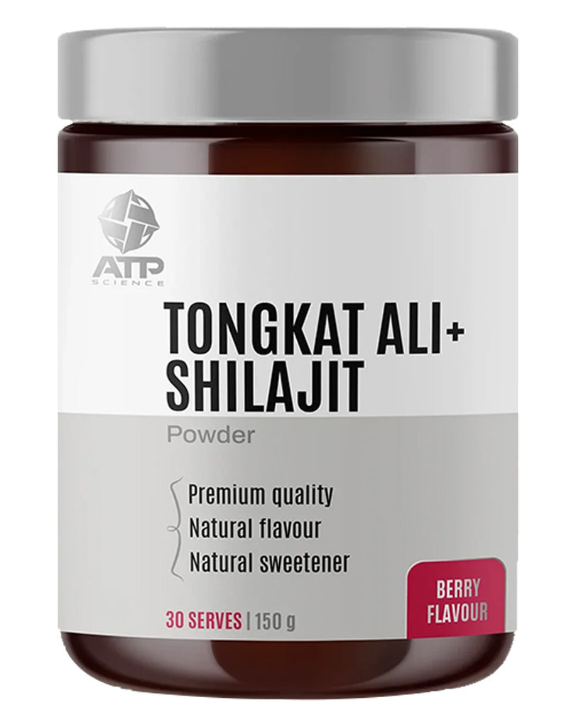 150g ATP Science berry-flavoured Tongkat Ali and Shilajit in dark jar with silver cap and label highlights