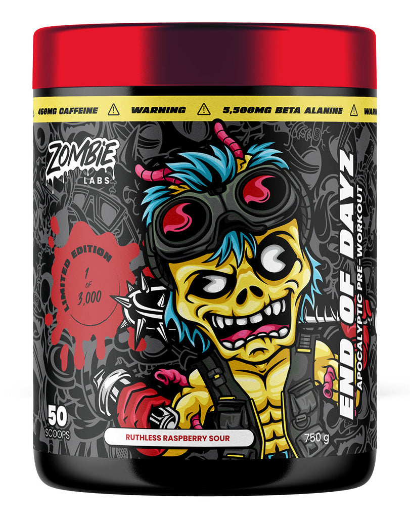 750g tub of limited edition Ruthless Raspberry Sour End of Dayz, Zombie Labs pre-workout with striking dark-themed label