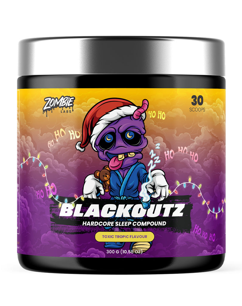 300g container of Blackoutz Hardcore Sleep Compound by Zombie Labs, tropical flavour with Christmas design