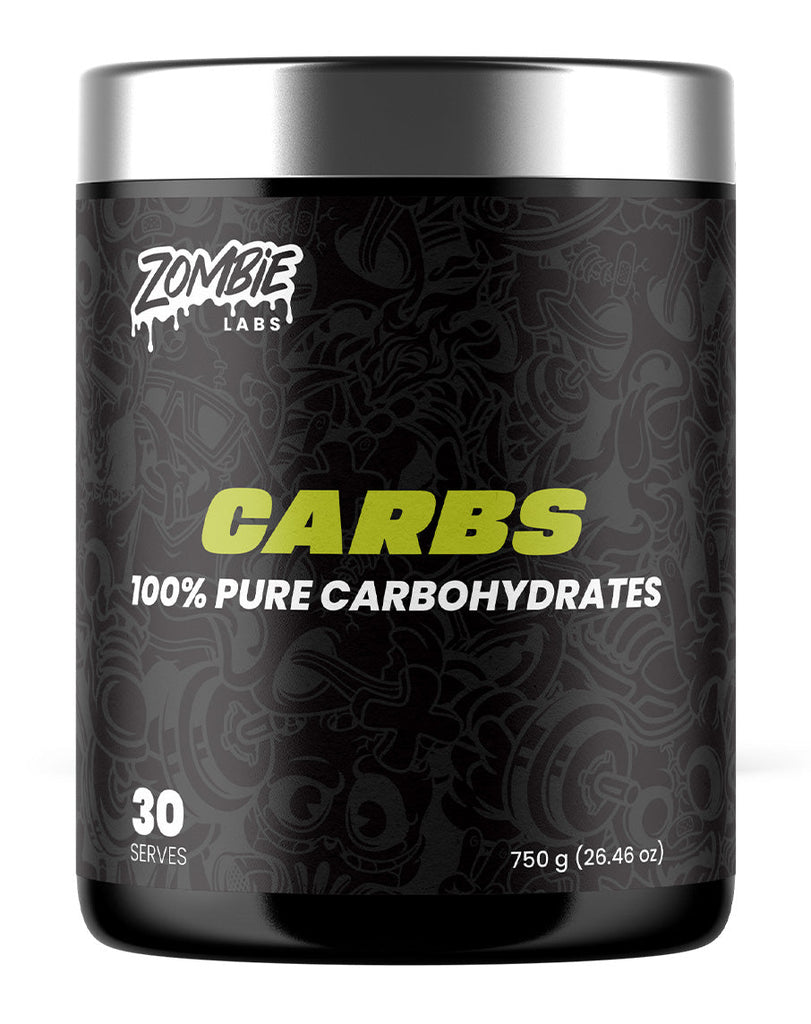 Zombie Labs Carbs supplement – 750g black tub with neon green label text, 100% pure carbohydrates
