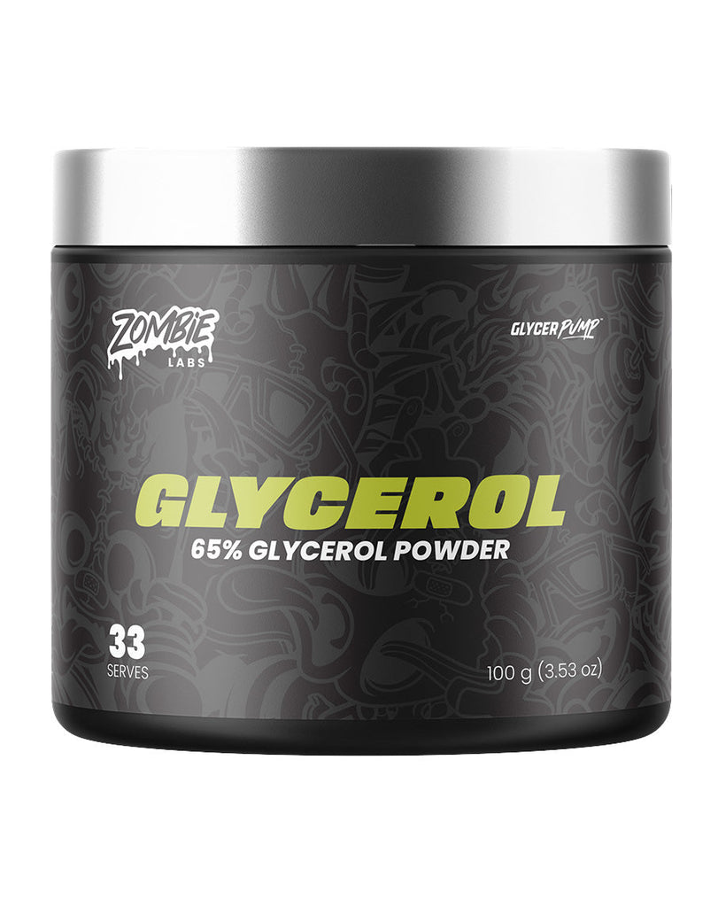 Zombie Labs Glycerol Pump 65% glycerol powder, 100g black tub with neon yellow label text