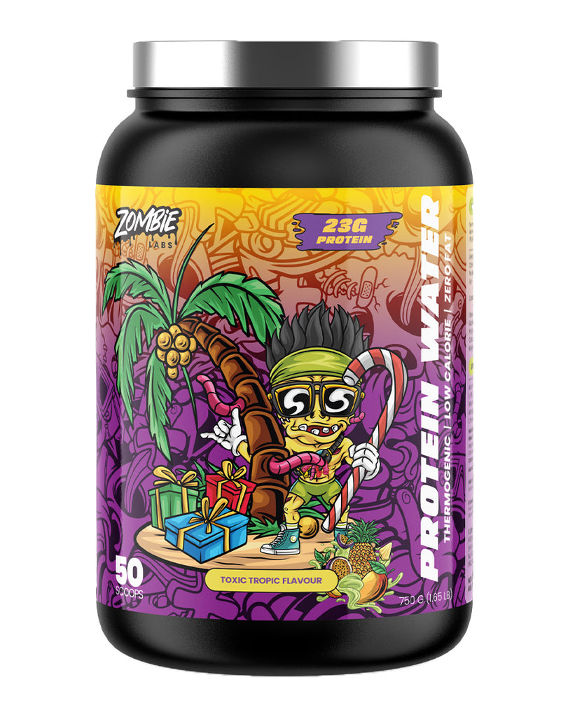 Tropical-flavoured thermogenic protein water by Zombie Labs, 750g container featuring bold purple artwork