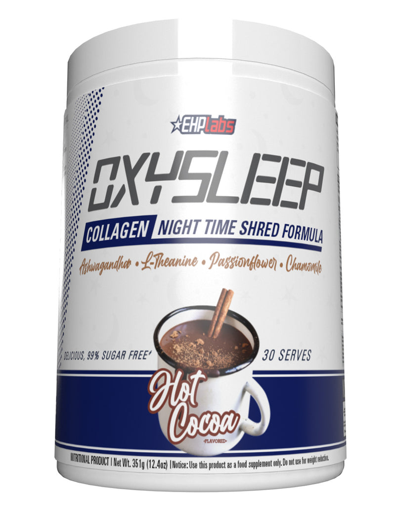 Hot cocoa EHP Labs OxySleep sleep aid – 351g collagen blend in white container, 30 serves